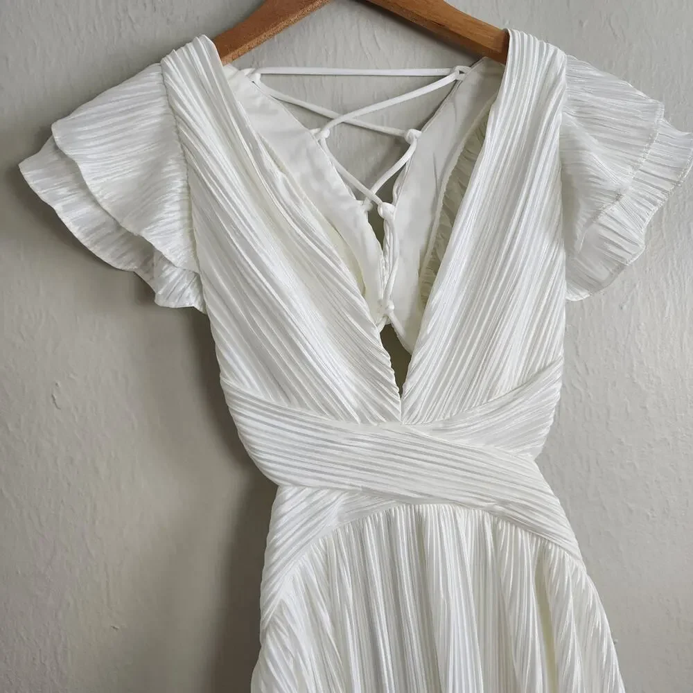 Lulus Captivating Delight White Plisse Satin Mini Dress - Lace-Up Bridal NWT M - Picture 7 of 14